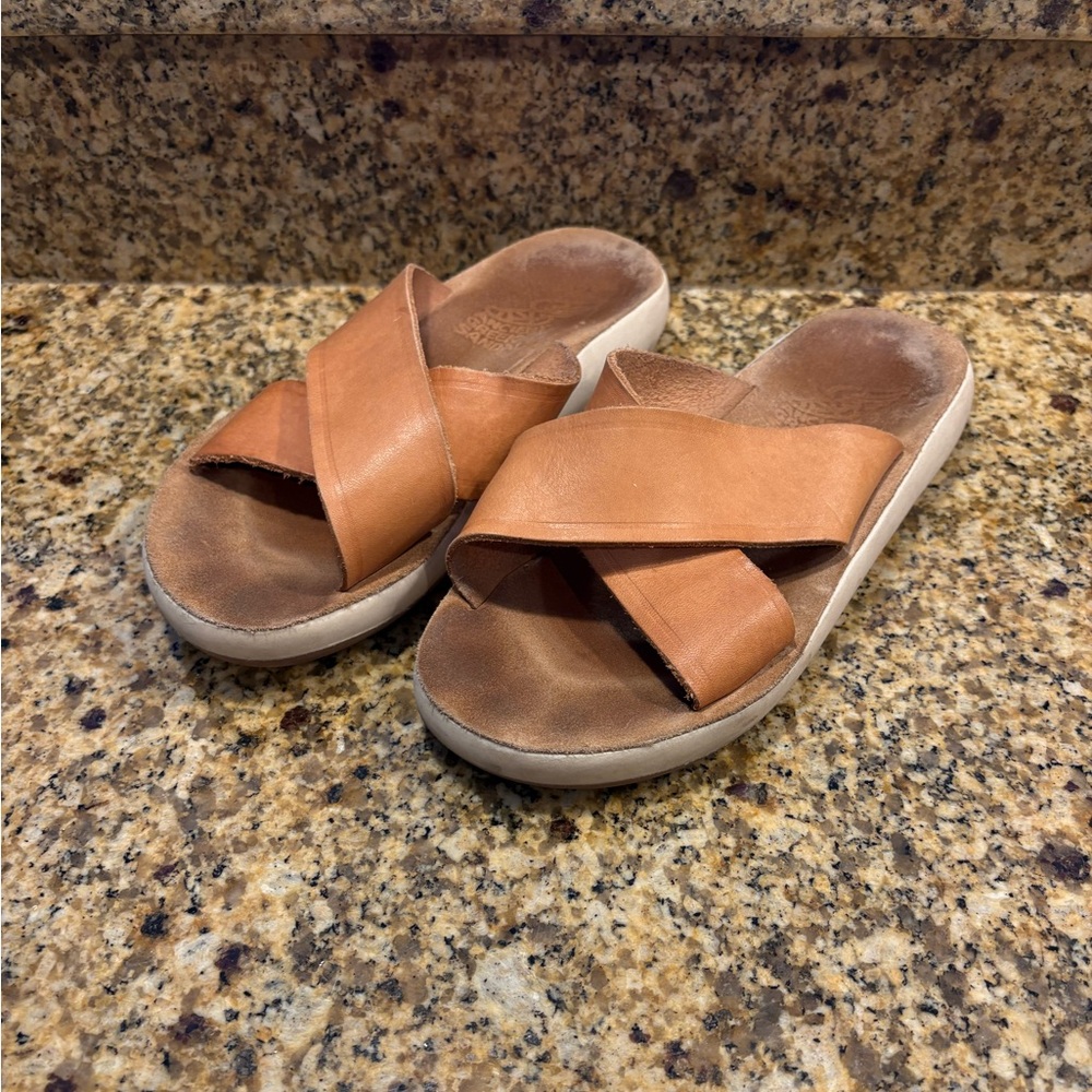 Ancient Greek Sandals Thais Comfort Sandals Tan Leather Slides Size 37 US 7